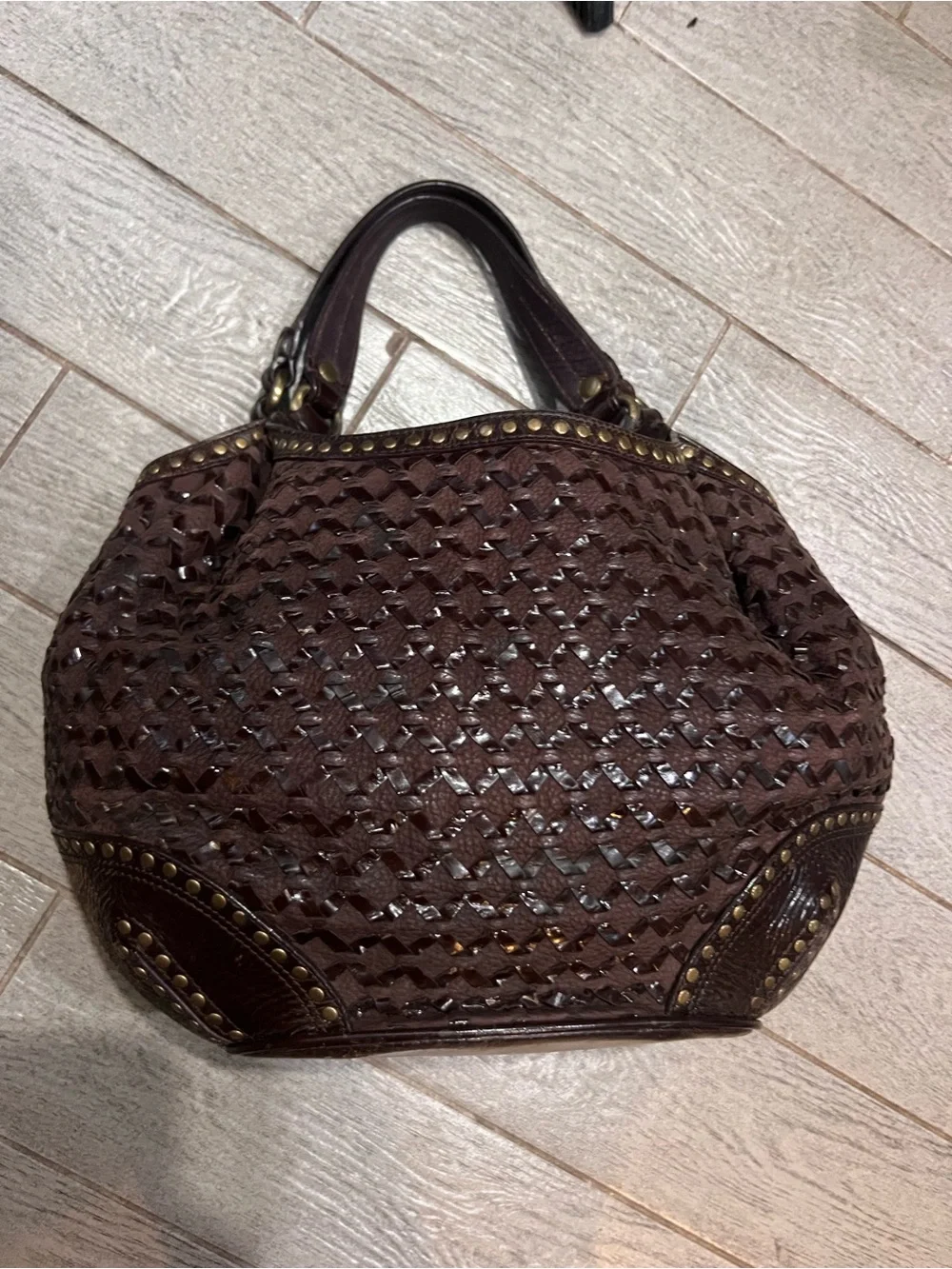 Moschino Dark Brown Woven Leather Hobo with Stud Accents